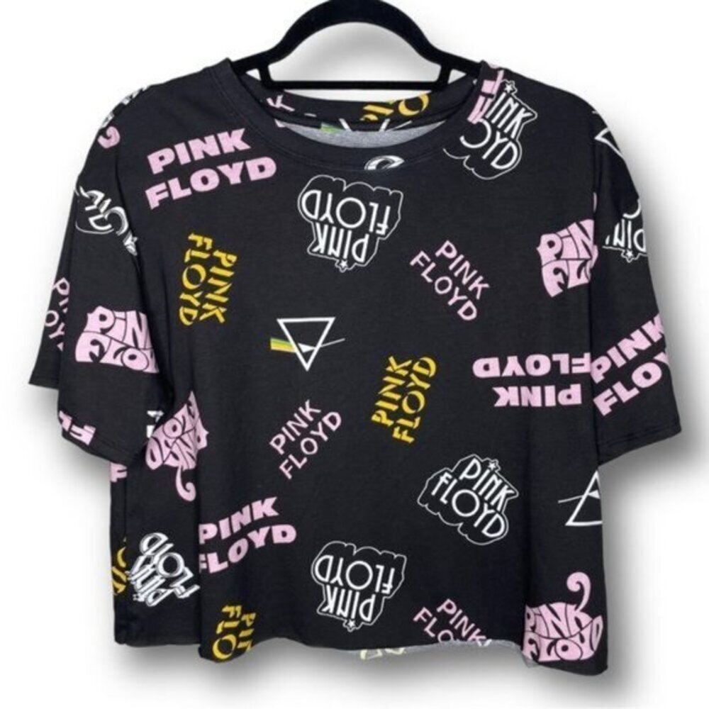 Pink Floyd Size L Black Pink Yellow Logo Cutoff Cropped Boxy Cotton Band Tee